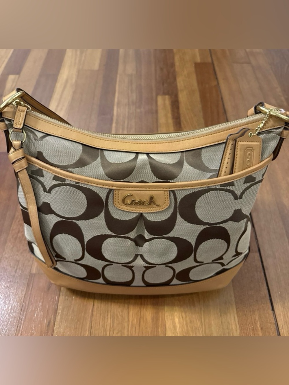 Coach Brown Signature Canvas Shoulder Bag with Tan Leather Trim